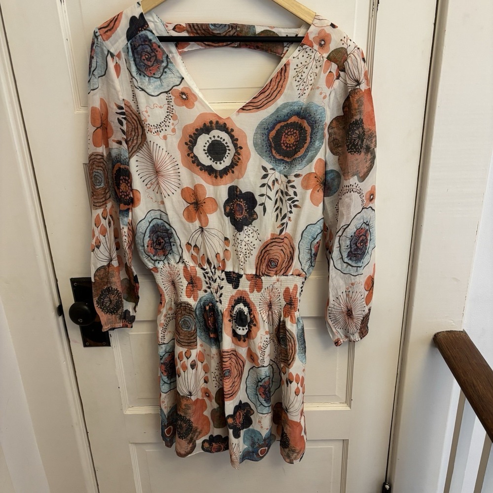 Kori America Ivory Multicolor Floral Peplum Tunic / Mini Dress Size Medium